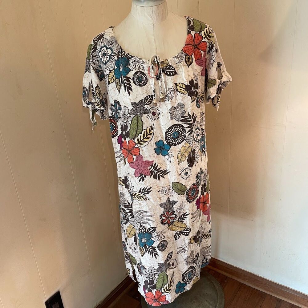 HOT COTTON 100% Linen FLORAL Drawstring Neckline Shift DRESS M